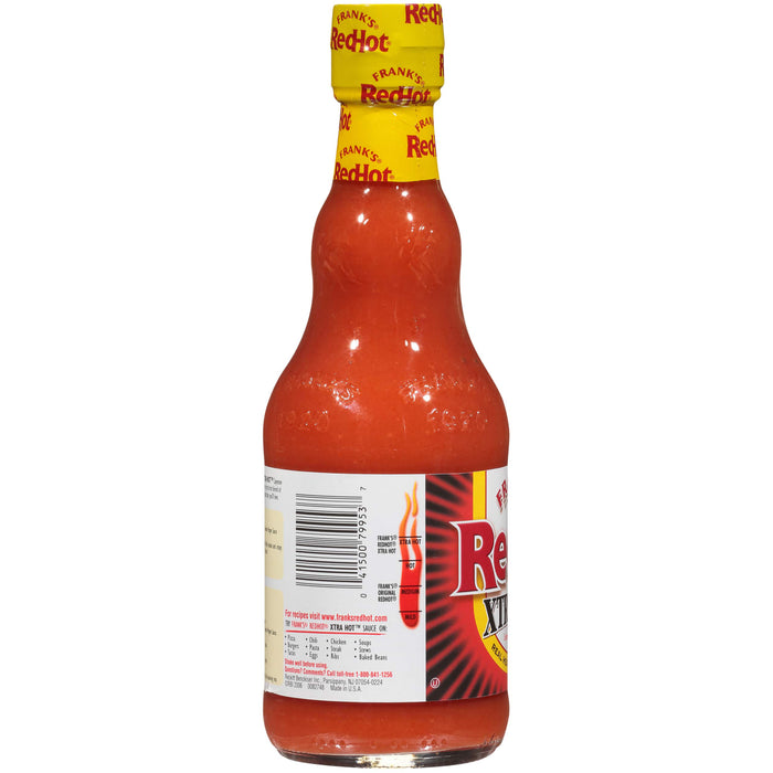 ["A bottle of Frank's RedHot Xtra Hot sauce."]