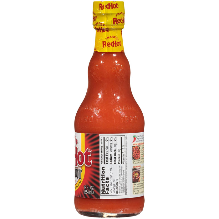 ["A bottle of Frank's RedHot Original Hot Sauce with nutritional information on the label."]