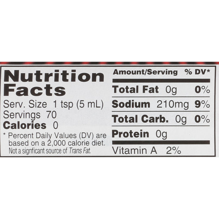 ['Nutrition facts label for a product with 0 calories, 0 grams of fat, 210 milligrams of sodium, 0 grams of carbohydrates, 0 grams of protein, and 2% of the daily value of vitamin A.']