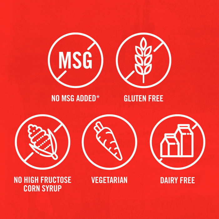 This image shows icons indicating the product is Kosher, MSG-free, gluten-free, contains no high fructose corn syrup, is vegetarian, and dairy-free.