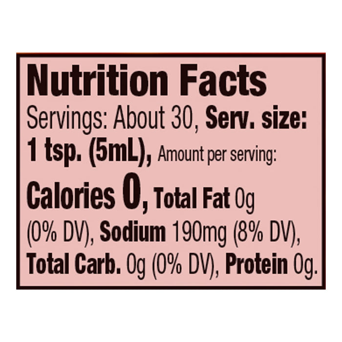 The image displays the nutrition facts label for Frank'S Redhot Prepack, showing 0 calories, 0g total fat, 190mg sodium (8% DV), 0g total carbohydrates, and 0g protein per 1 tsp (5mL) serving, with about 30 servings per container.