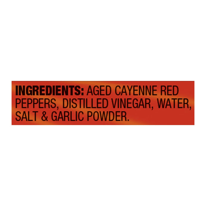 The ingredients list for Frank'S Redhot Prepack shows aged cayenne red peppers, distilled vinegar, water, salt, and garlic powder.