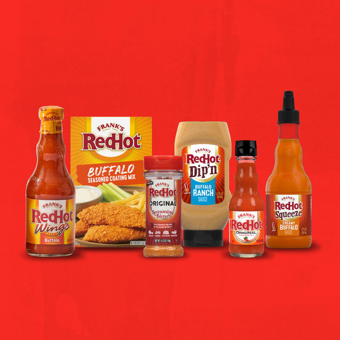 Frank's RedHot products including buffalo wing sauce, buffalo ranch sauce, buffalo dip, buffalo seasoning blend and buffalo squeeze.