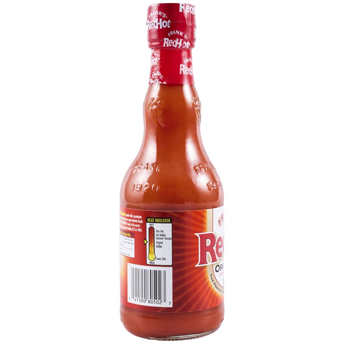 A bottle of Franks RedHot Original hot sauce.