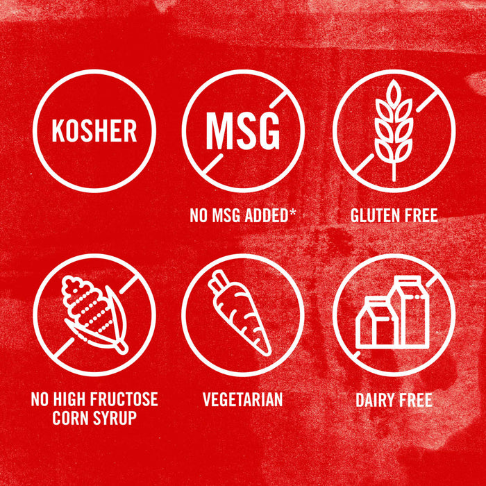 The illustration shows icons indicating the product is Kosher, MSG-free, gluten-free, free of high fructose corn syrup, vegetarian, and dairy-free.