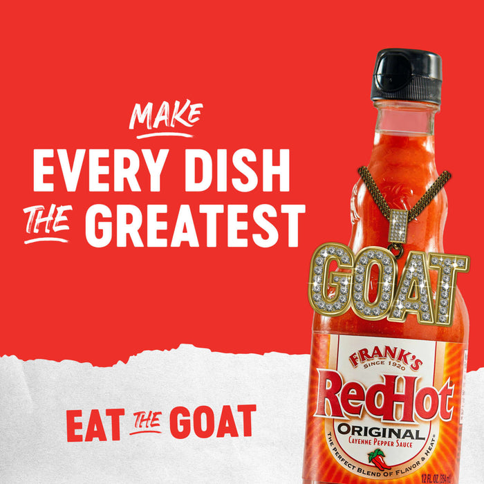 A bottle of Frank\'s RedHot Original Cayenne Pepper Sauce with the tagline I put that on everything.