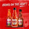 Three bottles of Franks RedHot sauce, Sweet Chili, Original, and Extra Hot.