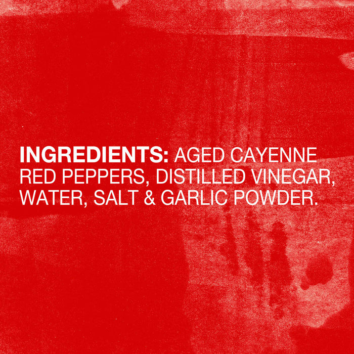 A red background with white text listing the ingredients for a hot sauce.