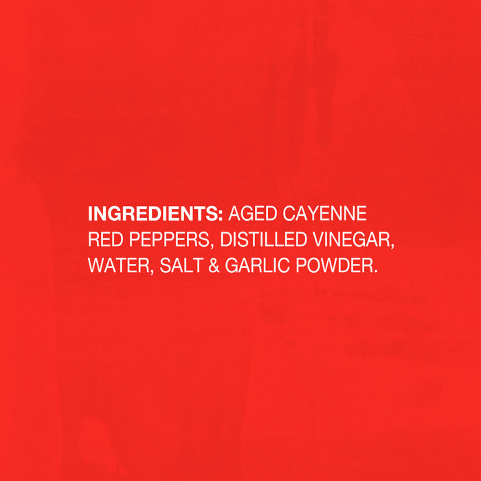 A red background with white text listing the ingredients for a hot sauce.