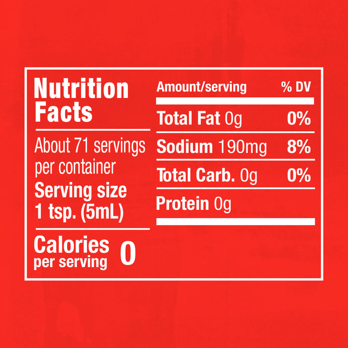 Nutrition facts label for a product with 0 calories per serving.