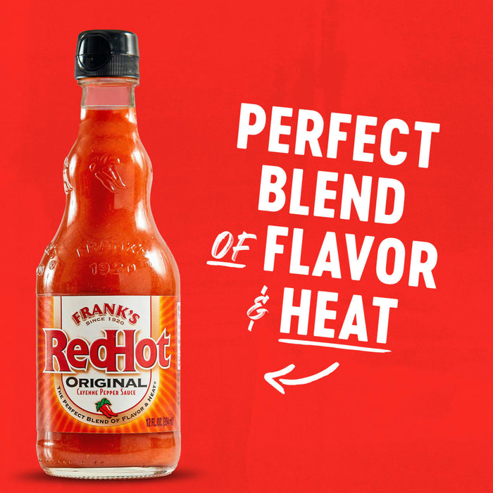 A bottle of Frank's RedHot Original Cayenne Pepper Sauce with the tagline 'Aged Cayenne Peppers for the Perfect Blend of Flavor &amp; Heat.'
