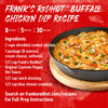 Franks RedHot Buffalo Chicken Dip Recipe with ingredients and a picture of the dip in a cast iron skillet.