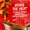 Buffalo wings falling into a bowl with the text Bring the Heat to Wings, Chicken Sandwiches &amp; Buffalo Chicken Dip on a red background.