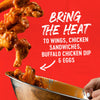 Buffalo wings falling into a bowl with the text 'Bring the Heat to Wings, Chicken Sandwiches &amp; Buffalo Chicken Dip' on a red background.