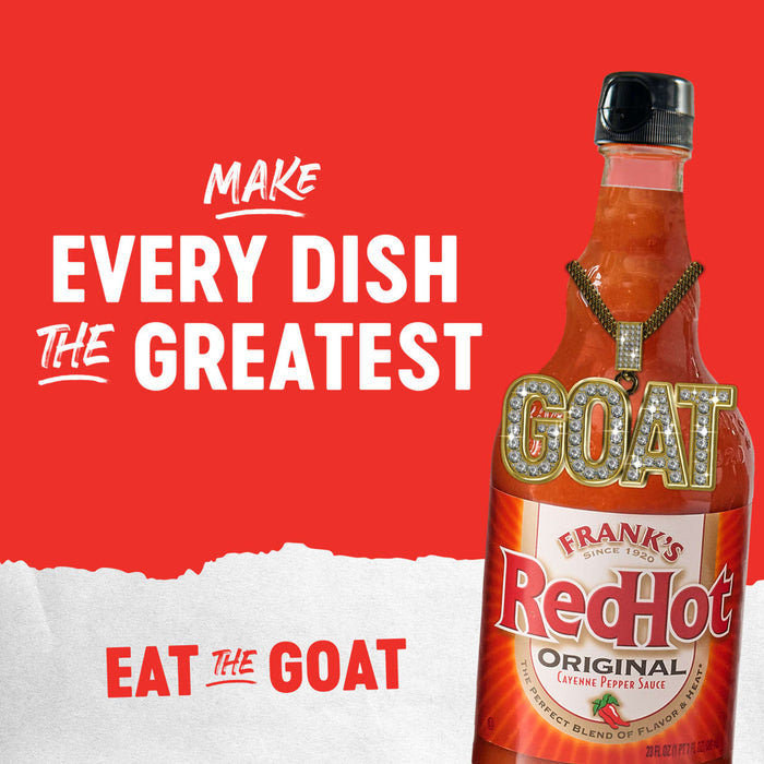 A bottle of Frank\'s RedHot Original Cayenne Pepper Sauce with the tagline I put that on everything.