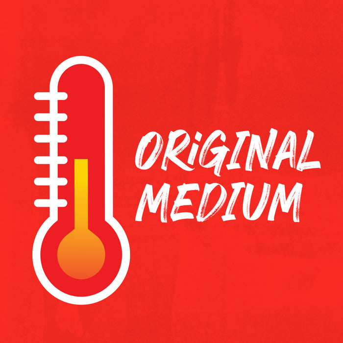 A white thermometer with a red background and the words MEDIUM ORIGINAL in white.