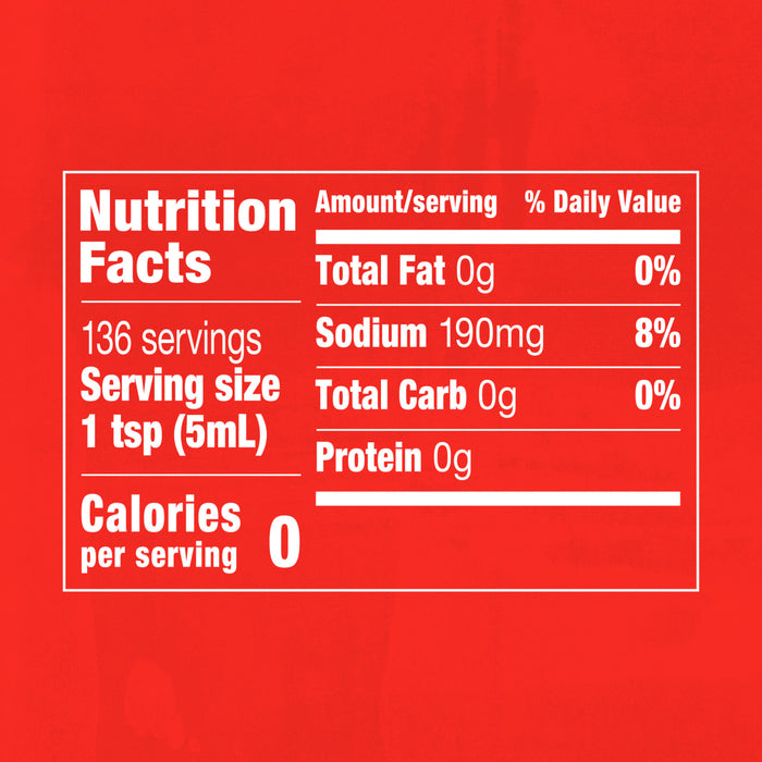 Nutrition facts label for a product with 0 calories per serving.