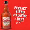 A bottle of Frank\'s RedHot Original Cayenne Pepper Sauce on a red background with text that reads Aged Cayenne Peppers for the Perfect Blend of Flavor &amp; Heat.
