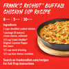 Frank's RedHot Buffalo Chicken Dip Recipe with ingredients and a picture of the dip in a cast iron skillet.