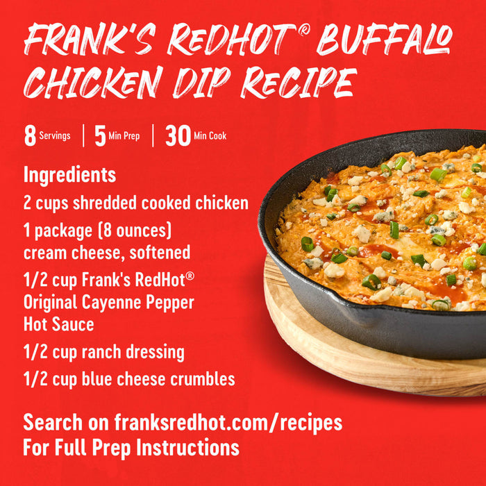 Frank's RedHot Buffalo Chicken Dip Recipe with ingredients and a picture of the dip in a cast iron skillet.