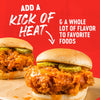 A sandwich with fried chicken, pickles, and a spicy sauce, with text that says Adds a kick of heat &amp; a whole lot of flavor to favorite foods.