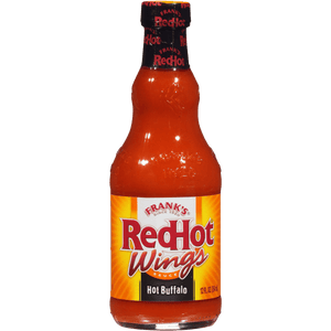 A bottle of Frank's RedHot Wings Hot Buffalo Sauce.
