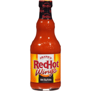 A bottle of Frank's RedHot Wings Hot Buffalo Sauce.
