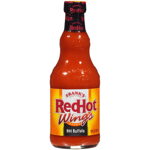 ["A bottle of Frank's RedHot Wings Hot Buffalo Sauce."]