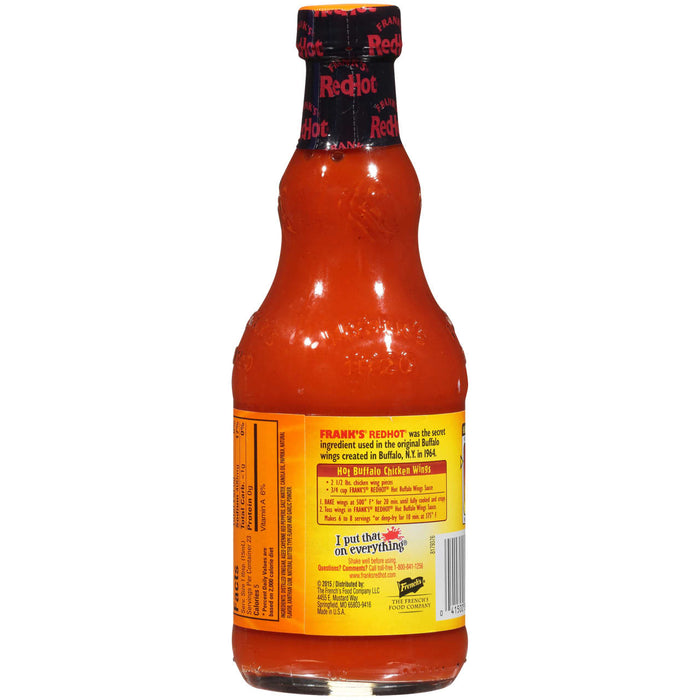 ["A bottle of Frank's RedHot Hot Buffalo Wings Sauce."]