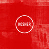 Kosher certification logo on a red textured background.
