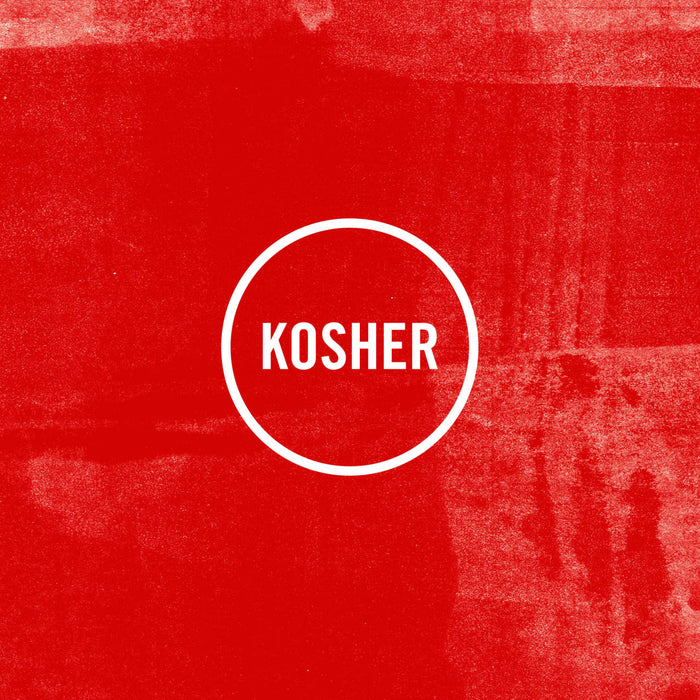 Kosher certification logo on a red textured background.