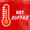 ['A white thermometer with a red background and the words HOT BUFFALO in white.']