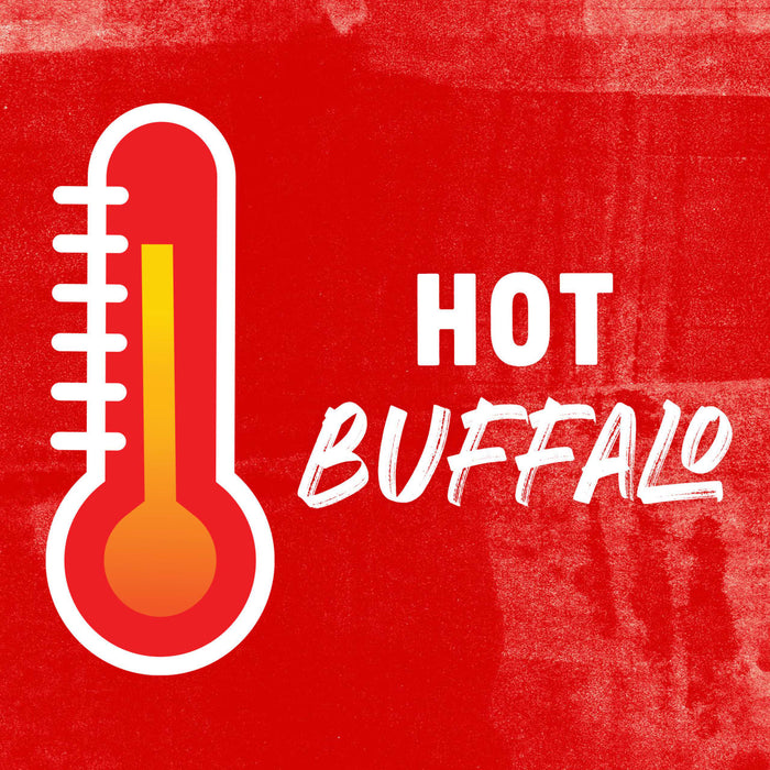 A white thermometer with a red background and the words HOT BUFFALO in white.