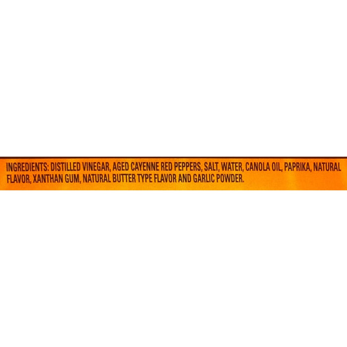 ['A list of ingredients for a product, including distilled vinegar, aged cayenne red peppers, salt, water, canola oil, paprika, natural flavor, xanthan gum, natural butter type flavor and garlic powder.']