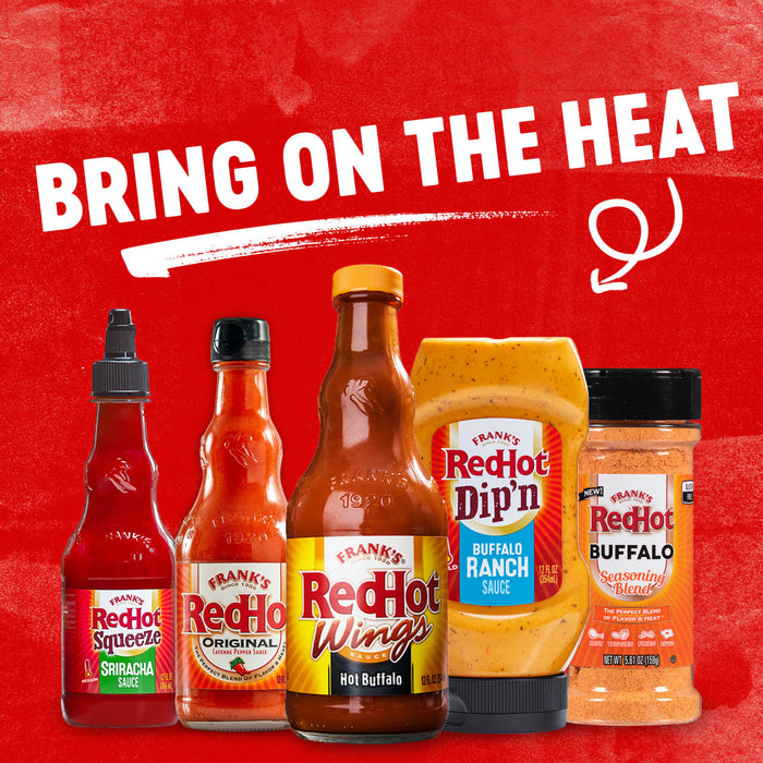 Frank's RedHot products including hot sauce, wing sauce, buffalo ranch sauce and buffalo seasoning blend.