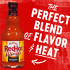 ["A bottle of Frank's RedHot Hot Buffalo Wing Sauce with the text 'The Perfect Blend of Flavor &amp; Heat' on a red background."]