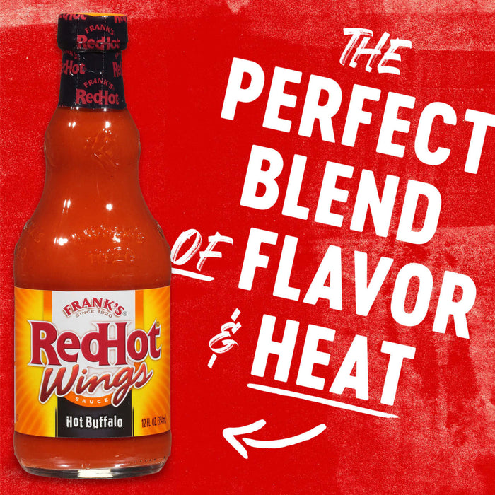 A bottle of Frank's RedHot Hot Buffalo Wing Sauce with the text 'The Perfect Blend of Flavor &amp; Heat' on a red background.