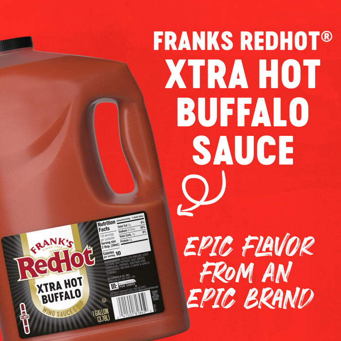 A gallon jug of Franks RedHot Xtra Hot Buffalo Sauce.