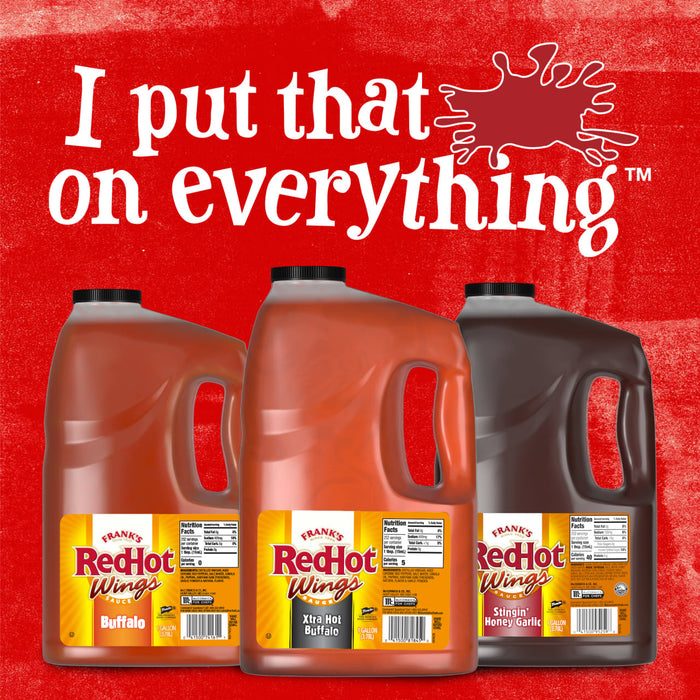 ["Three bottles of Frank's RedHot Wings sauce in Buffalo, Xtra Hot Buffalo, and Stingin' Honey Garlic flavors."]