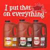 Three gallon jugs of FrankS Redhot Buffalo Wing Sauce, featuring Buffalo, Xtra Hot Buffalo, and Stingin Honey Garlic flavors, are displayed against a textured red background with the slogan I put that on everything.