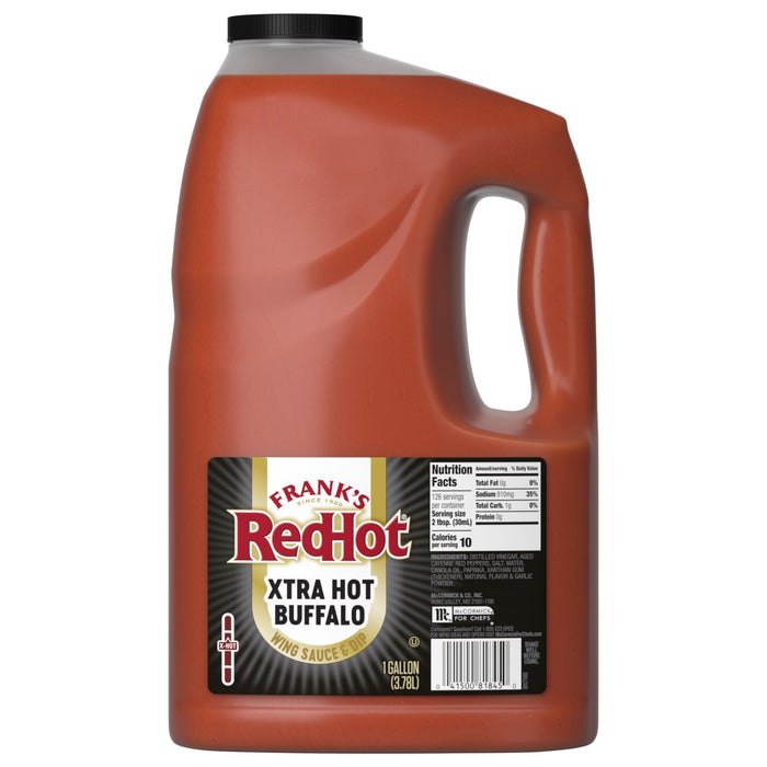 A large, one-gallon jug of Franks Red Hot Buffalo Wing Hot Sauce Extra Hot 128 Oz, shown against a white background to display the product and its label for foodservice customers.