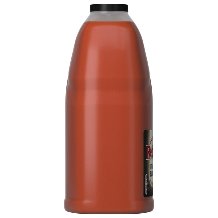 A side view of a large jug of Franks Red Hot Buffalo Wing Hot Sauce Extra Hot 128 Oz, showing the thick, red sauce inside and a portion of the black label.