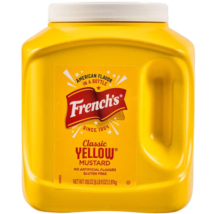 A large container of Frenchs Classic Yellow Mustard with a white lid.