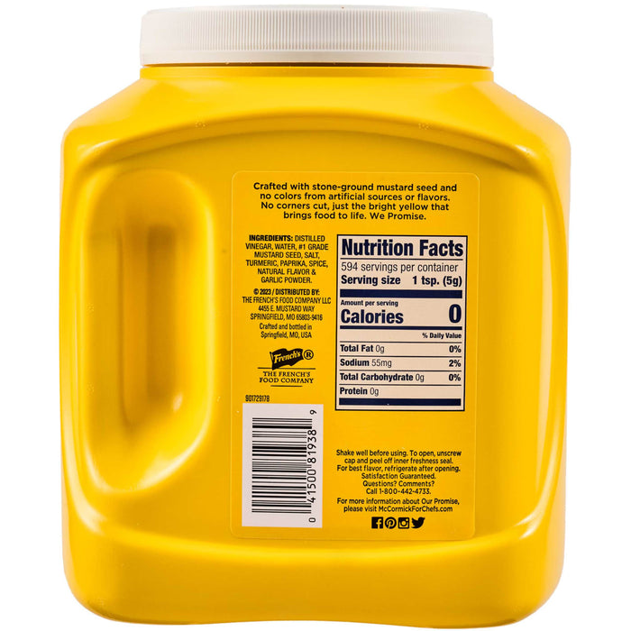 A container of Frenchs mustard with a nutrition facts label.
