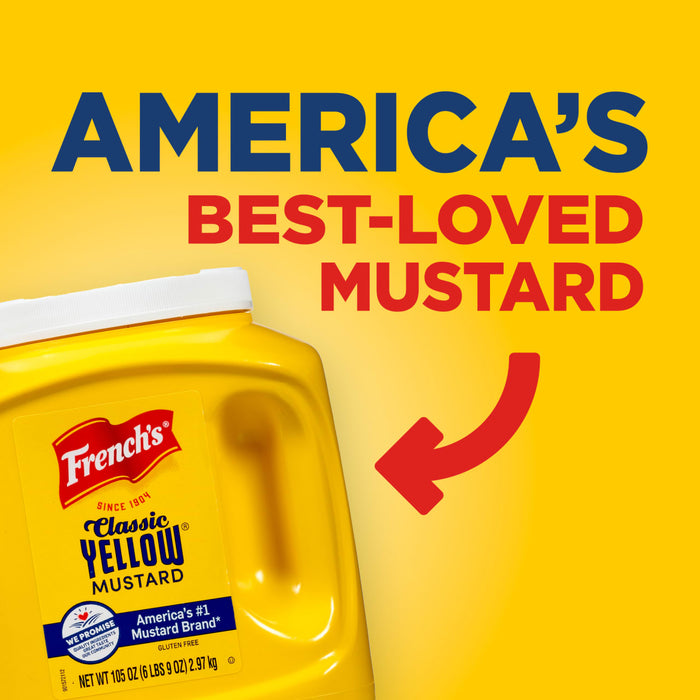 A yellow bottle of Frenchs Classic Yellow Mustard with the text Americas Best-Loved Mustard above it.