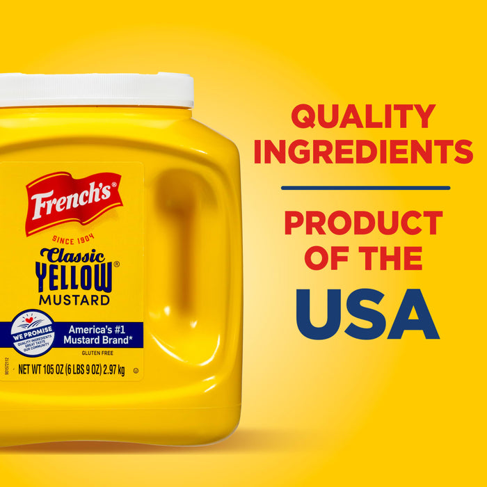 A bottle of Frenchs Classic Yellow Mustard with the words Quality Ingredients, Product of the USA on a yellow background.