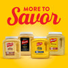 Four different varieties of Frenchs mustard are shown on a yellow background.