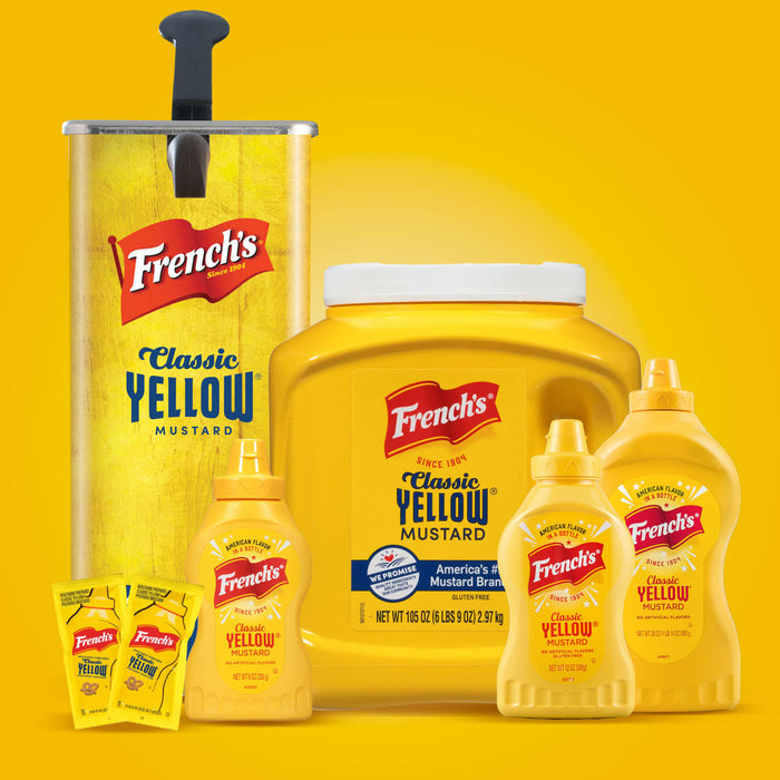 A variety of Frenchs Classic Yellow Mustard products, including a large jar, a squeeze bottle, and two single-serving packets.