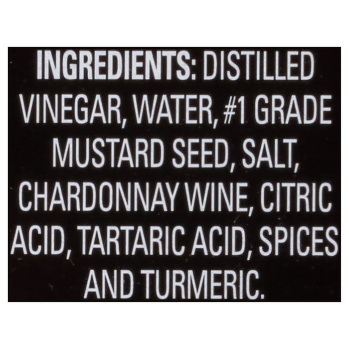 A list of ingredients for a product, including distilled vinegar, water, mustard seed, salt, chardonnay wine, citric acid, tartaric acid, spices, and turmeric.
