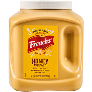 A large container of Frenchs Honey Mustard, a classic American flavor made with real honey and gluten-free.